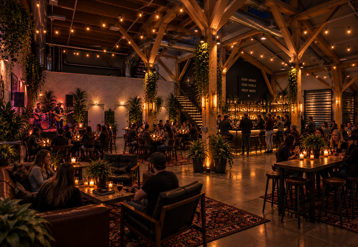 Concept rendering of a warm café and bar with plants, lounge seating and a live band