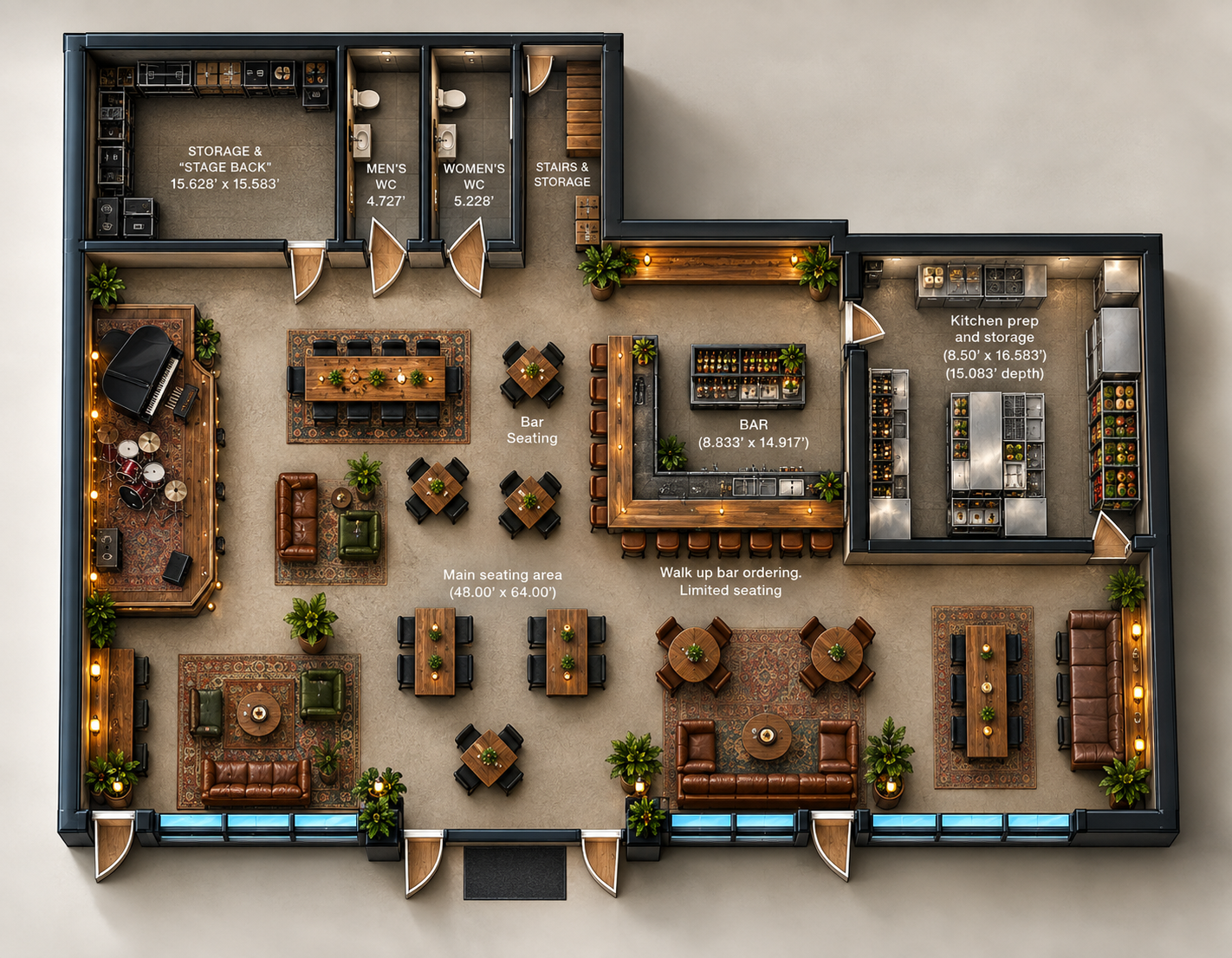 Concept floor plan for Terrapin Station showing the bar, seating, kitchen and stage areas